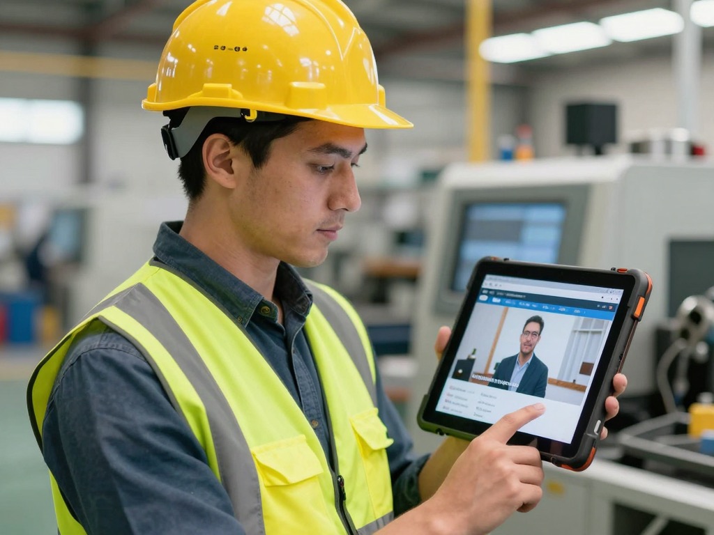 A worker seeing the updated course on a tablet on the floor