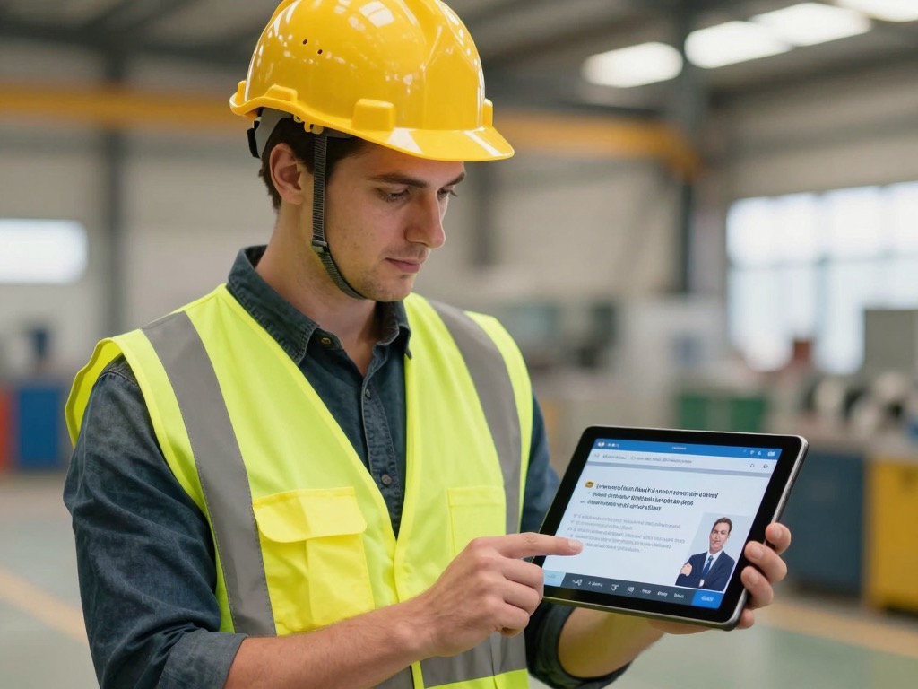 A worker watching the course on a tablet in their own language