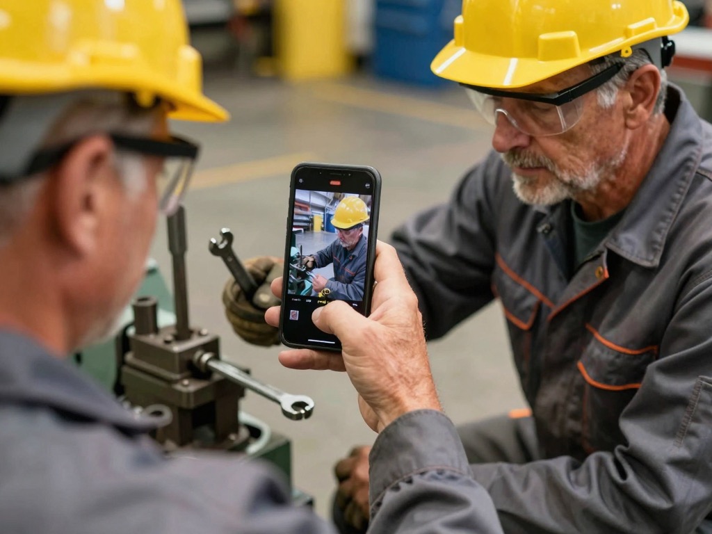 A millwright filming a changeover on a phone