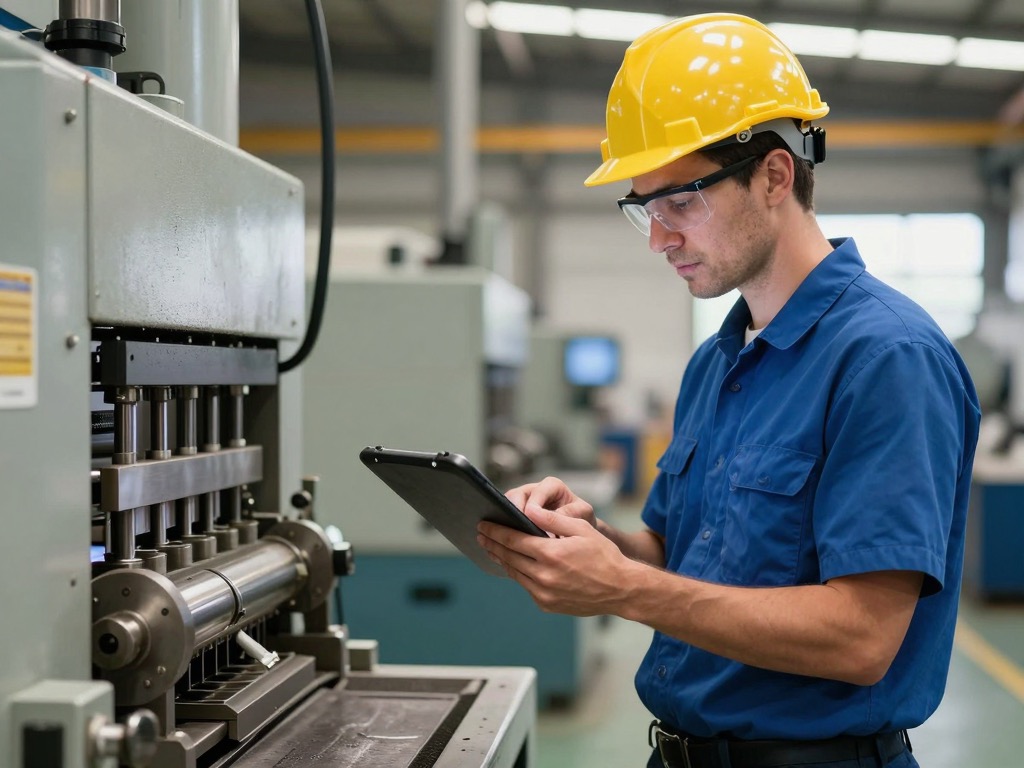 An operator glancing at a tablet at the machine