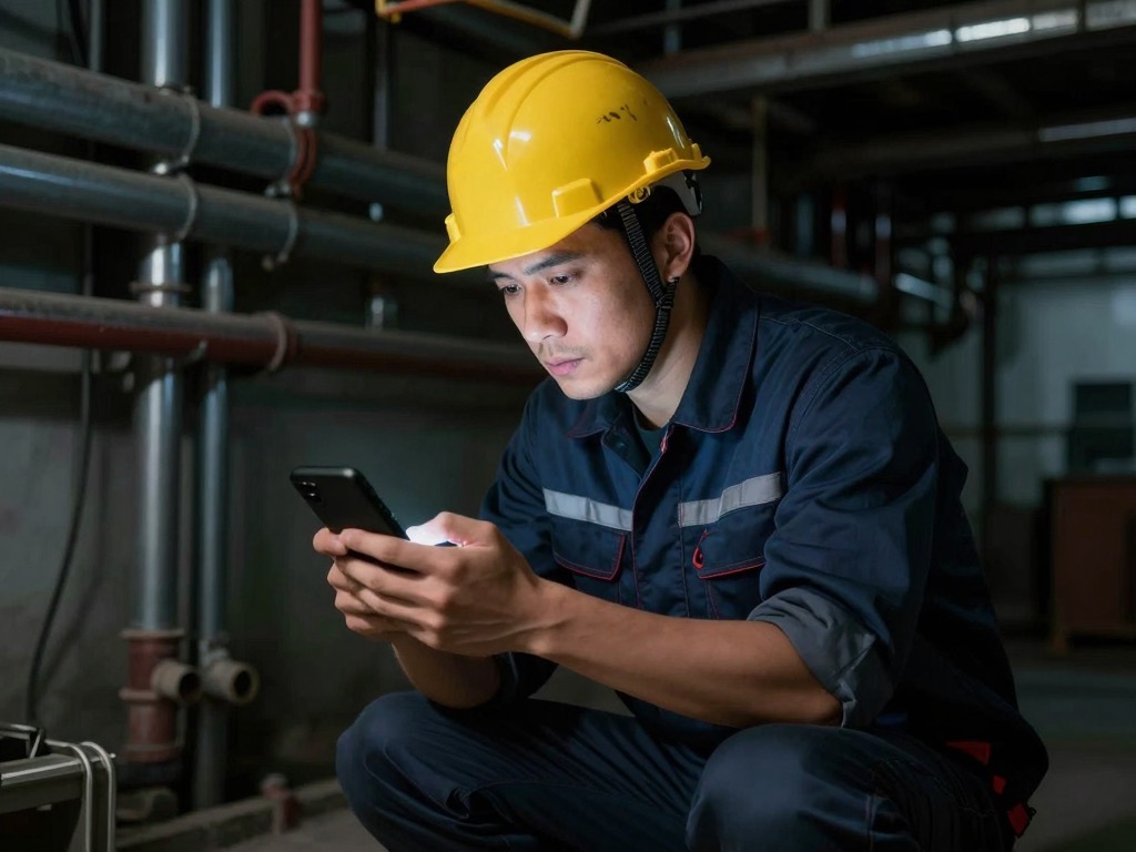 A field tech reading guidance on a phone in a basement, offline