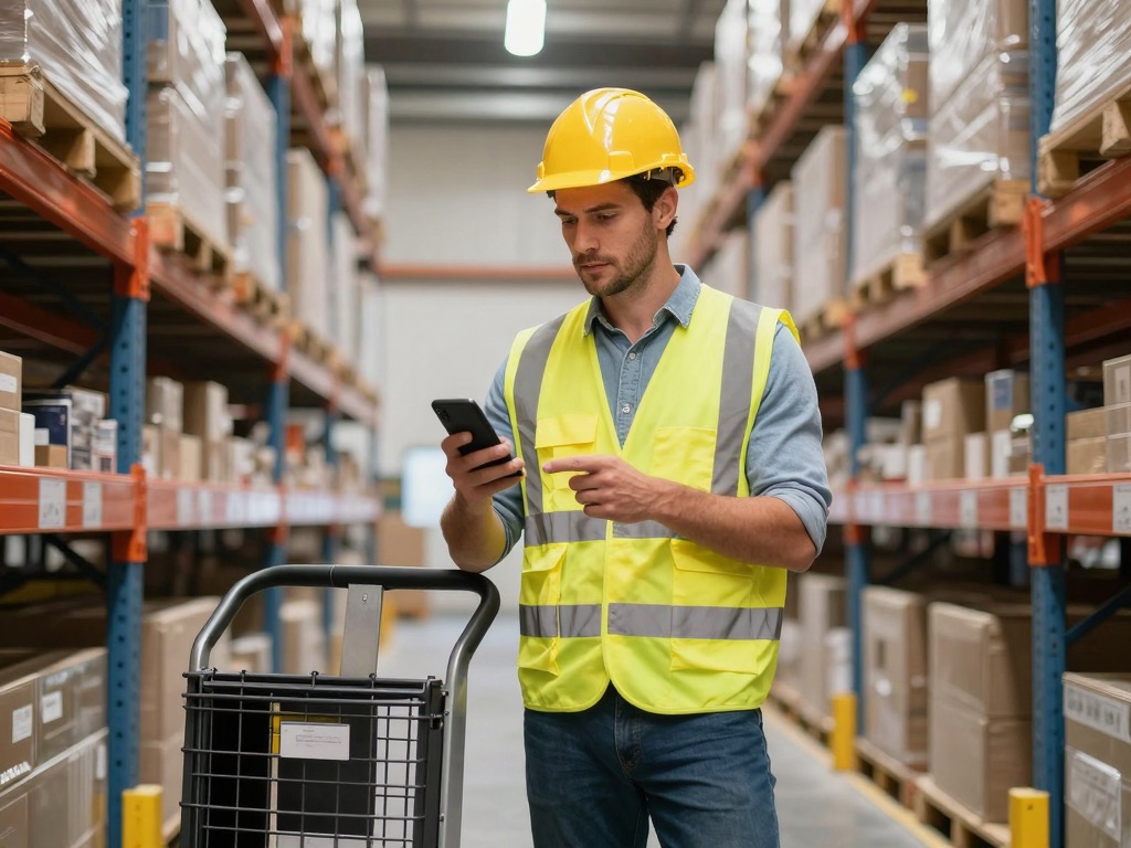 A warehouse picker checking the answer on a phone between racks