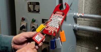 Lockout/tagout: padlocks applied to an energy isolation point before any work begins