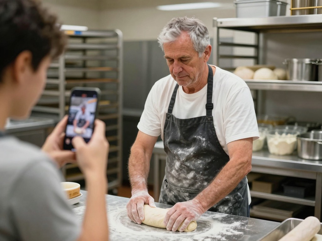 A senior tradesperson filmed on a phone demonstrating a procedure