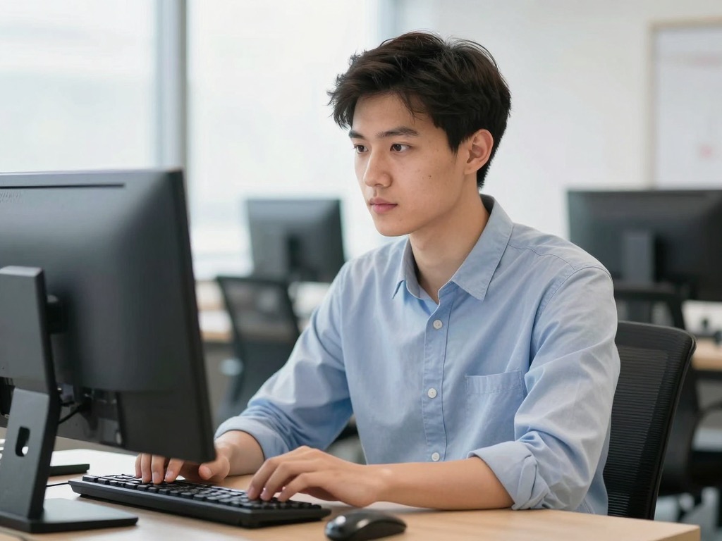 A new hire at a computer finding an answer without interrupting a supervisor